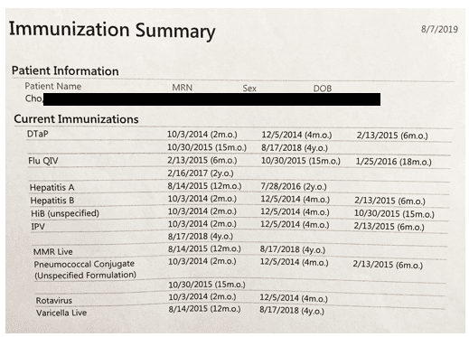List of Immunization Summary